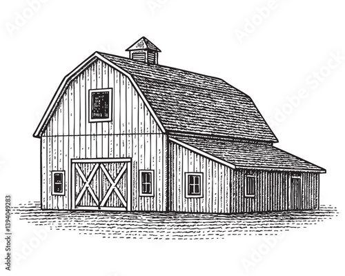 Classic Wooden Barn Illustration in Vintage Engraving Style