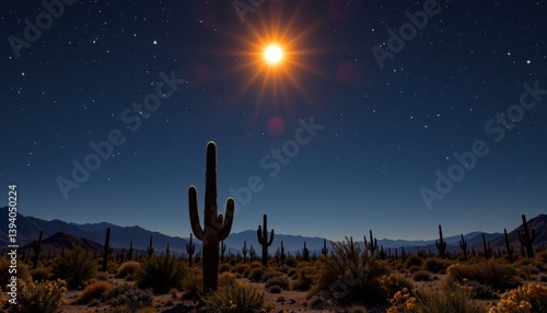A desert at night with silhouettes of cacti and a luminous star shining brightly overhead.