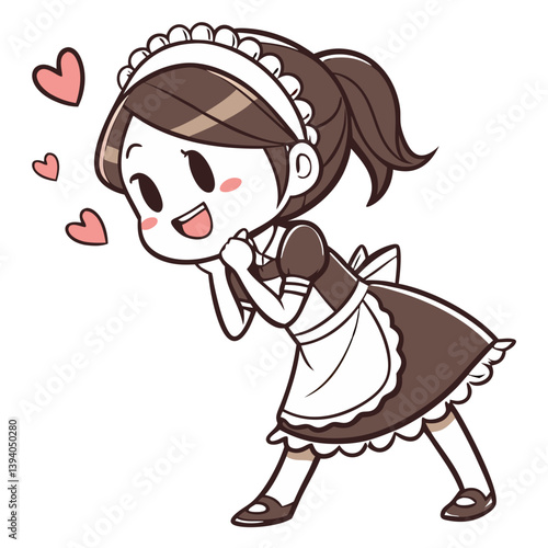 A cheerful girl wearing a classic maid uniform stands with excitement, surrounded by cartoon hearts. Her expressive smile conveys happiness and charm in a playful setting