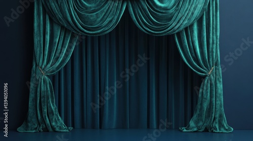 A classic 3D theatre curtain in deep green velvet, set against a plain dark blue background 