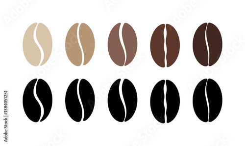 An icon, an emblem of different roasting of coffee beans, isolated on a white background, a vector illustration of a set of coffee icons. A fragrant classic element for decoration, labels, covers