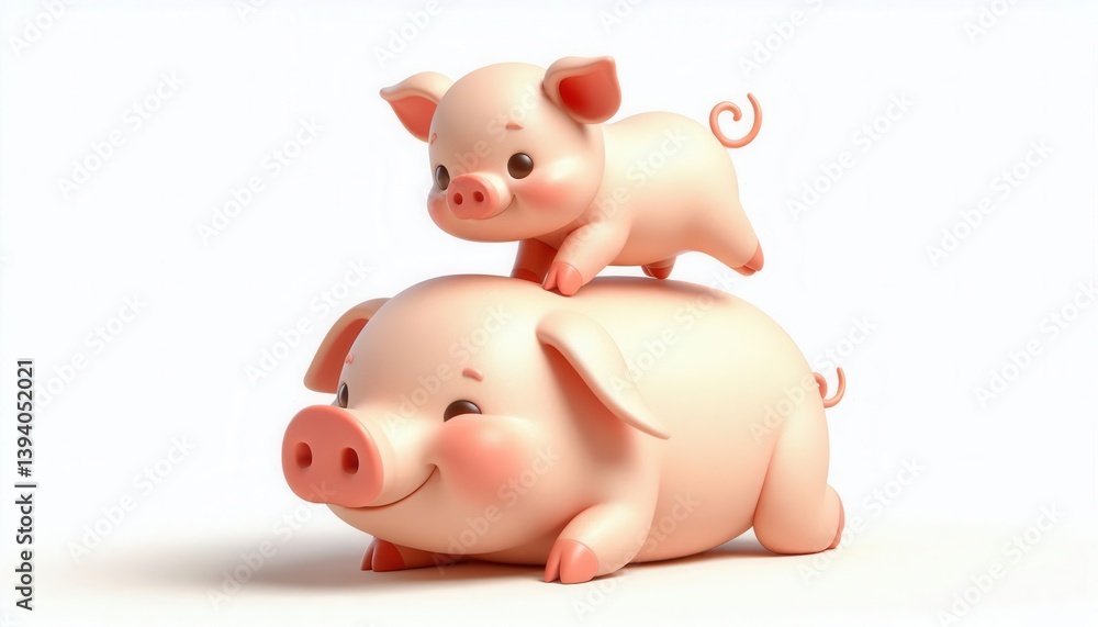 Playful piglet and mother pig whimsical animation bright studio cute concept Playful piglet and mother pig whimsical animation bright studio cute concept