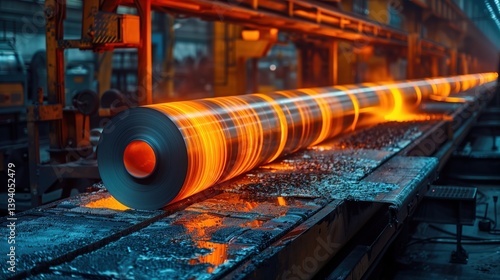 Industrial Steel Rolling Process with Hot Metal Bar in Manufacturing Facility Featuring Glowing Colors and Sparks in a Modern Workshop Environment