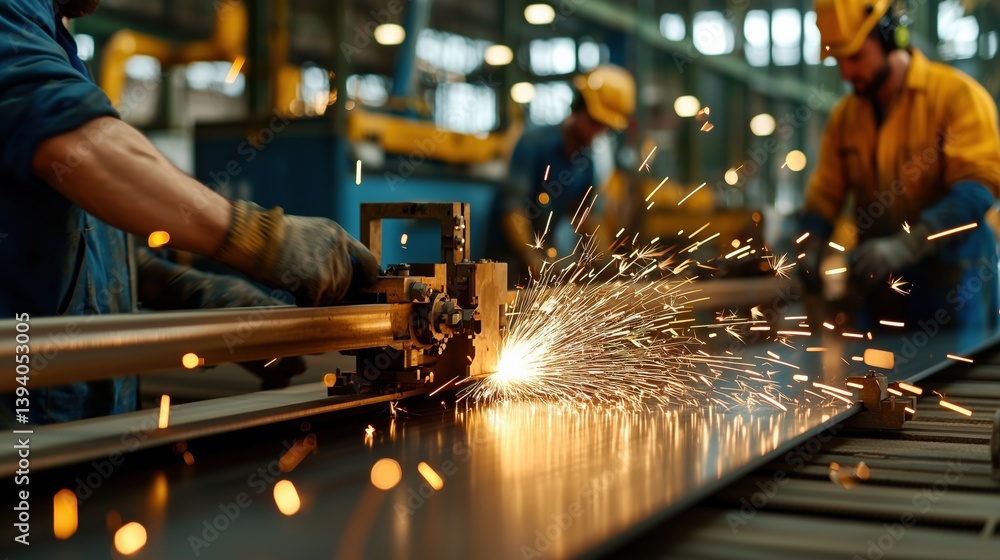 Sparks Flying from Industrial Equipment During Metal Cutting in a Factory Setting with Workers Focused on Precision and Safety Measures Sparks Flying from Industrial Equipment During Metal Cutting in a Factory Setting with Workers Focused on Precision and Safety Measures