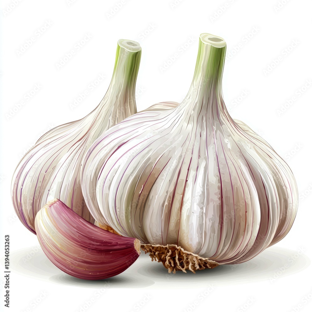 Obraz premium Two Heads of Garlic and a Clove: A Vibrant Still Life of Fresh, Organic Garlic Bulbs, Ready for Cooking or Culinary Use.