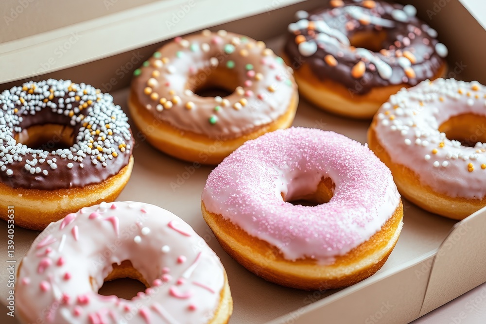 A box contains various frosted and decorated delicious sweet doughnuts A box contains various frosted and decorated delicious sweet doughnuts