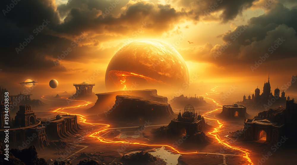 Obraz premium The Earth’s broken surface glows beneath drifting land, while ruined architecture crumbles into molten gorges.