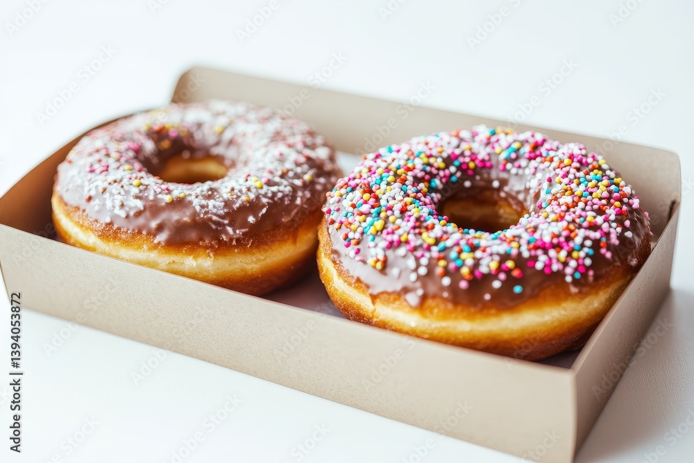 Two chocolate glazed donuts with colorful sprinkles presented together in a box Two chocolate glazed donuts with colorful sprinkles presented together in a box