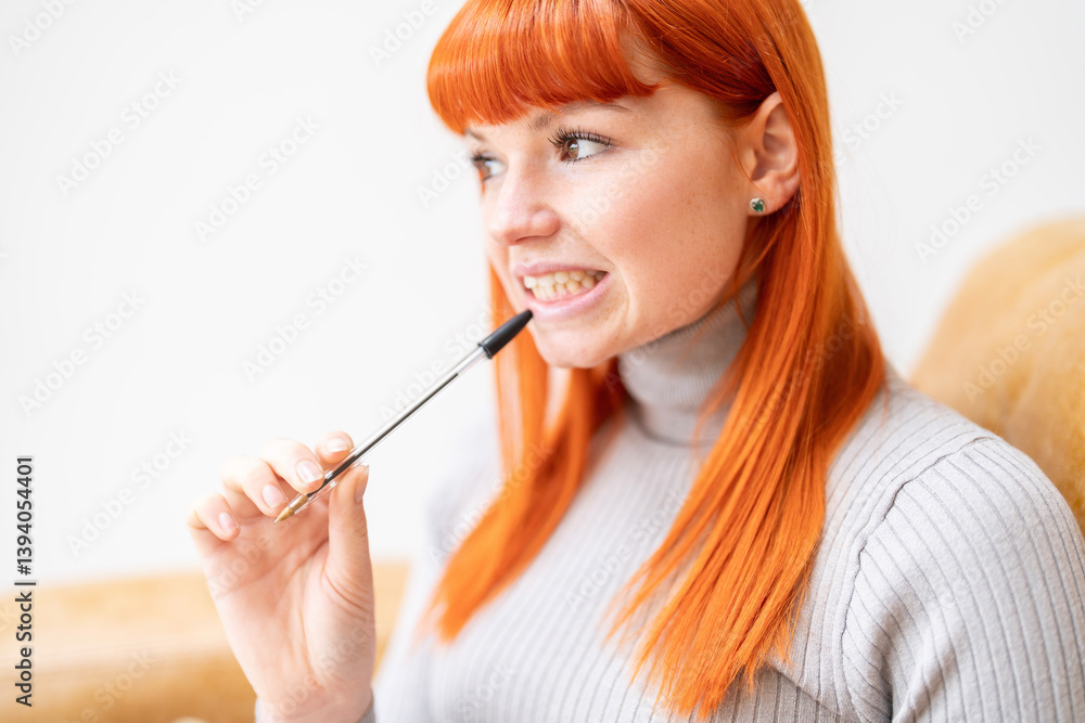 Thoughtful woman with red hair pondering ideas while holding a pen in a cozy indoor setting during the day Thoughtful woman with red hair pondering ideas while holding a pen in a cozy indoor setting during the day