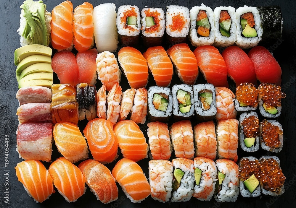 Assorted Sushi Platter Featuring Salmon Tuna Shrimp and Avocado Rolls Assorted Sushi Platter Featuring Salmon Tuna Shrimp and Avocado Rolls