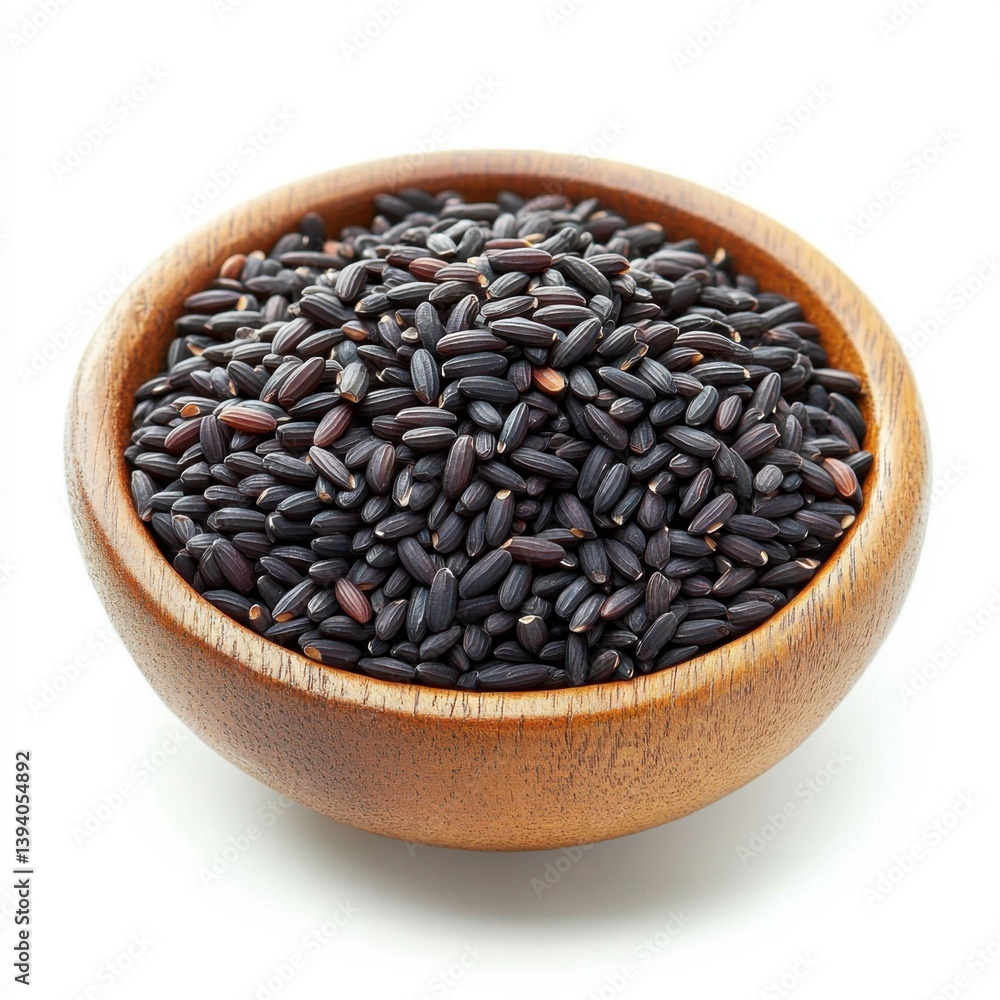 A close-up photo of a heap of black rice grains in a wooden bowl, A close-up photo of a heap of black rice grains in a wooden bowl,