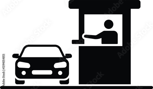 Minimalist Black and White Toll Booth Icon with Car and Attendant