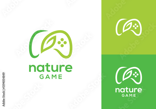 nature leaf with joystick playstation logo. creative sport game symbol design template