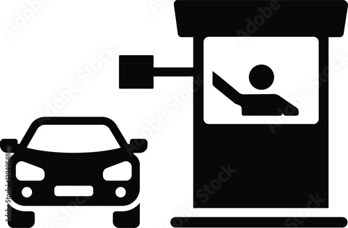 Minimalist Black and White Toll Booth Icon with Car and Attendant