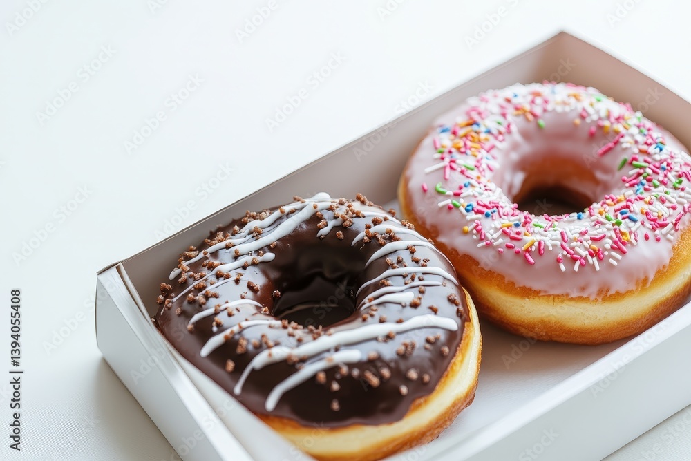 Two delicious glazed donuts presented inside a cardboard box Two delicious glazed donuts presented inside a cardboard box