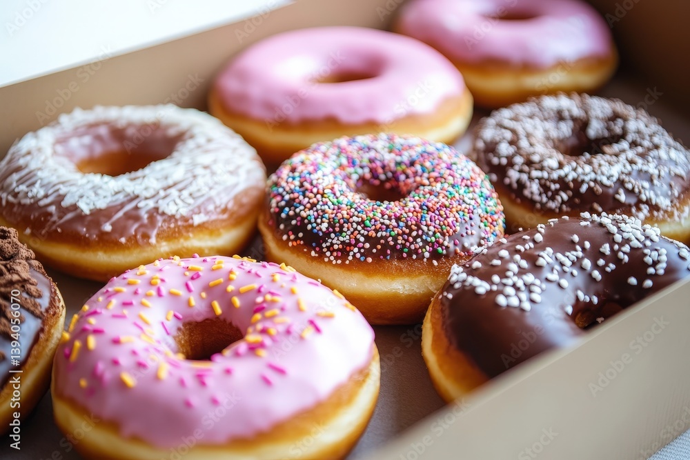 Several colorful and delicious doughnuts packed inside a cardboard box Several colorful and delicious doughnuts packed inside a cardboard box