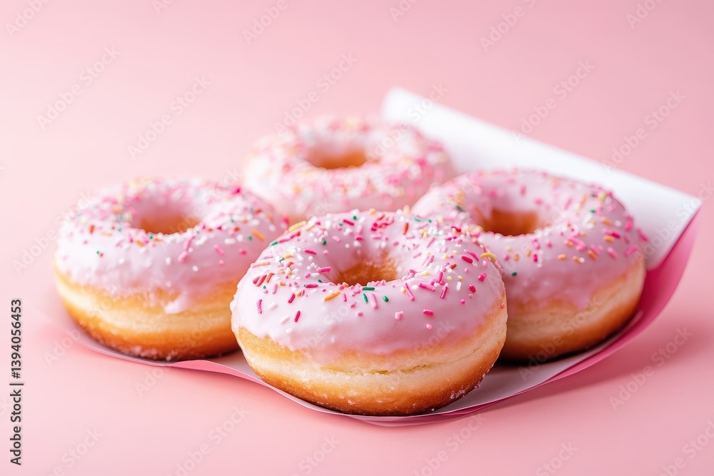 Four frosted donuts with sprinkles presented in a pink container Four frosted donuts with sprinkles presented in a pink container