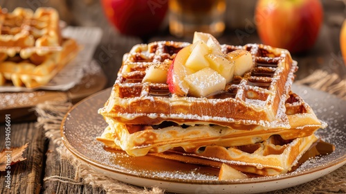 Delicious freshly made waffles topped with syrup and surrounded by apples