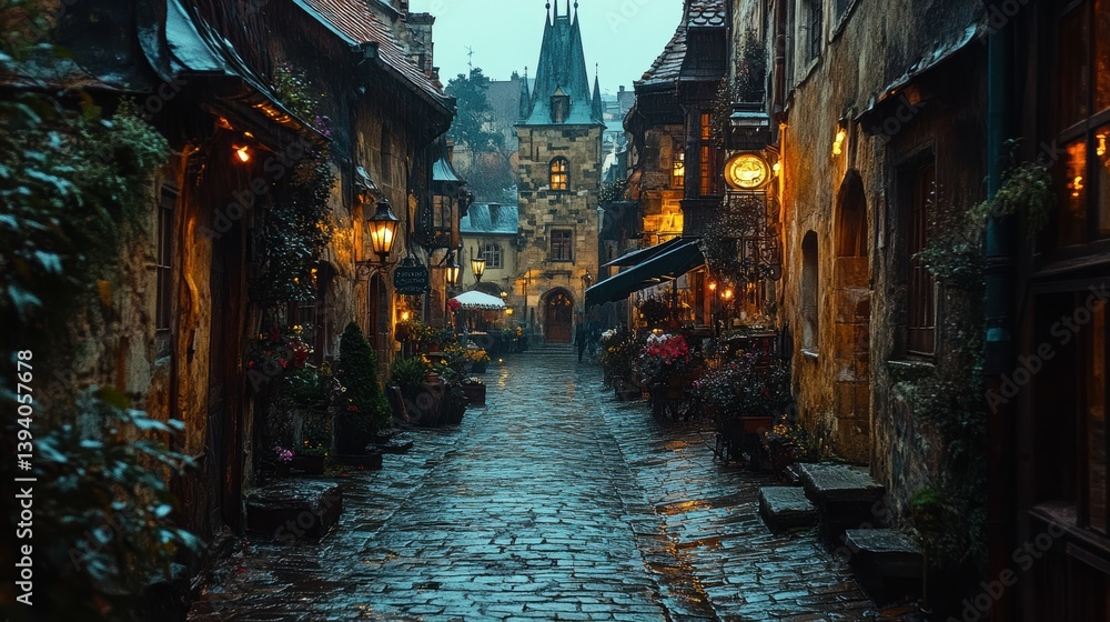 Fototapeta premium Serene cobblestone street in a quaint village, illuminated by warm lights, with historical architecture and lush greenery in the background