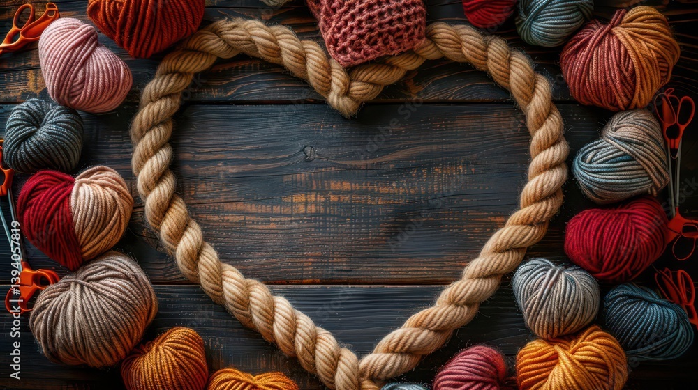 A heart-shaped arrangement of colorful yarn and scissors on a wooden surface. A heart-shaped arrangement of colorful yarn and scissors on a wooden surface.
