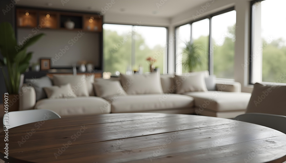 Fototapeta premium Wooden table, empty table, living room background. Minimalist style room. Clean studio. simple interior. Minimal room. sunlight, wooden floor,white wall, beige wall. good for key up.