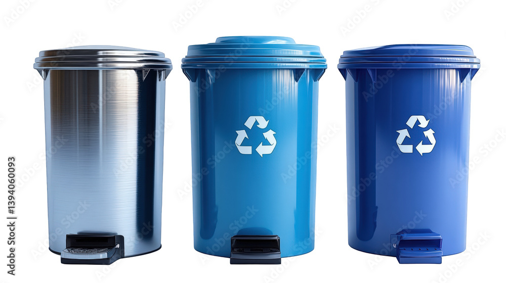 Three recycling bins in varying shades of blue and silver, showcasing eco-friendly waste management Three recycling bins in varying shades of blue and silver, showcasing eco-friendly waste management
