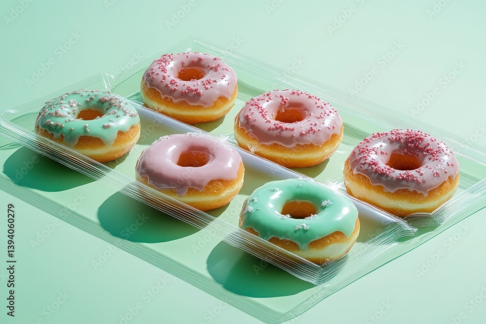 Six Colorful Doughnuts Arranged Nicely On A Green Serving Tray Six Colorful Doughnuts Arranged Nicely On A Green Serving Tray