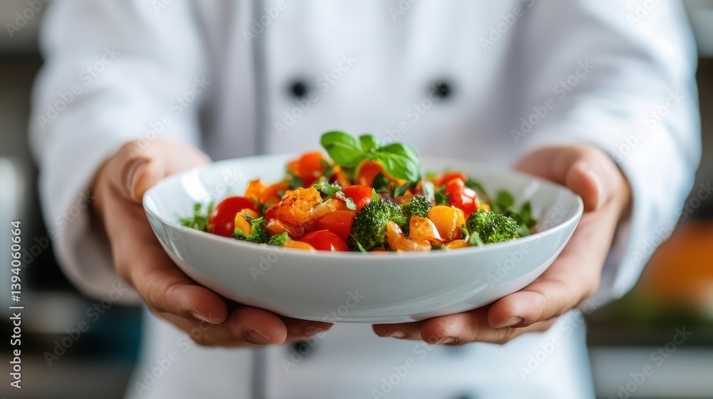A skilled chef presents a beautifully arranged vegetable dish, showcasing vibrant colors and fresh ingredients in a cozy kitchen setting. A skilled chef presents a beautifully arranged vegetable dish, showcasing vibrant colors and fresh ingredients in a cozy kitchen setting.