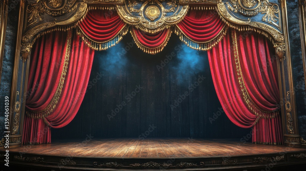 custom made wallpaper toronto digitalA pair of velvet red theatre curtains drawn to the sides, revealing a darkened stage 