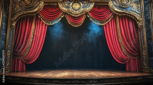 Wallpaper Mural A pair of velvet red theatre curtains drawn to the sides, revealing a darkened stage  Torontodigital.ca