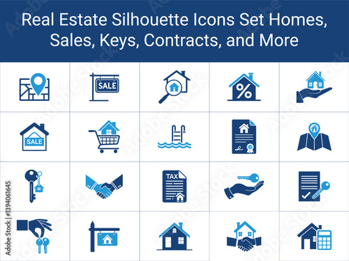Real Estate Silhouette Icons Set, Homes, Sales, Property, Keys, agreement, Handshake, Deal, Contracts, Symbols Vector