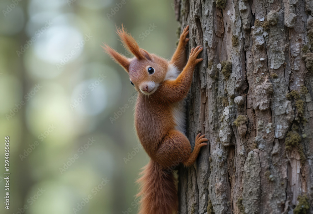 Red Squirrel Climbing Tree Trunk with Curious Expression in Forest Setting