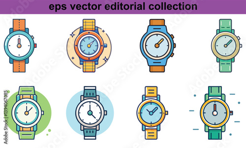 Colorful Watch Designs Vector Set Illustration, A vector collection of nine colorful wristwatches in various styles, ideal for fashion, accessories, and time-related designs.
