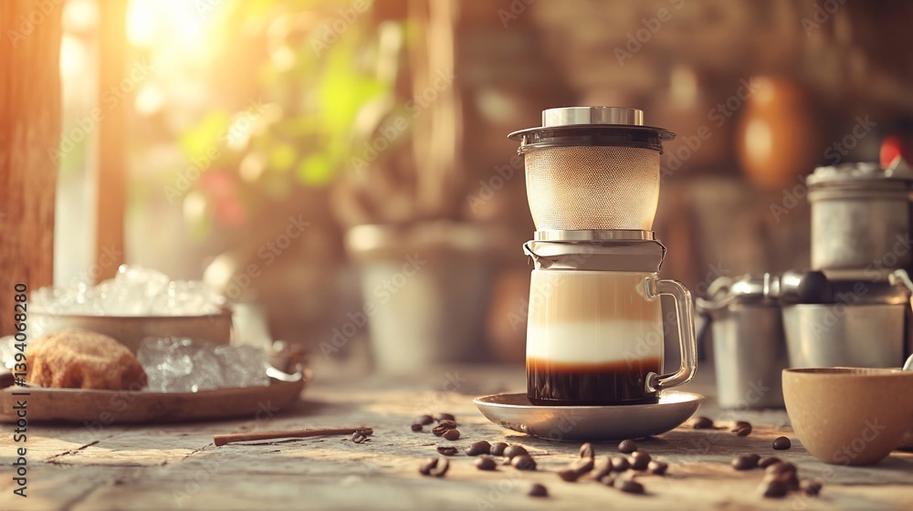 Iced coffee brewing process in a rustic setting Iced coffee brewing process in a rustic setting