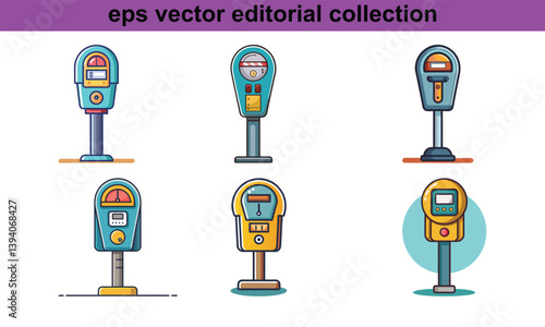 Colorful Parking Meters Vector Collection, A vector set featuring six different colorful parking meters, perfect for cityscapes, urban design, and transportation illustrations.

