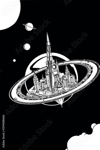Outline futuristic space station. Vector cosmic architecture in minimalist line art style.