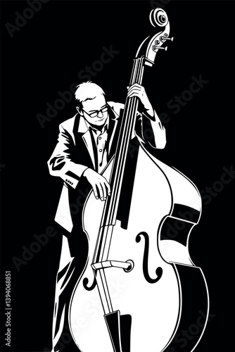 Outline double bassist performing. Jazz musician playing upright bass in monochrome vector style.