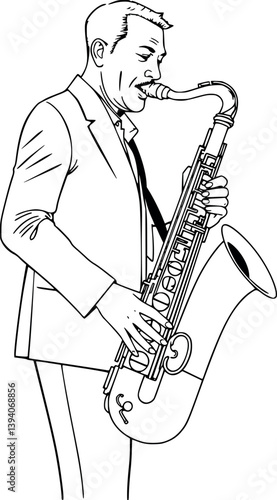 Outline jazz saxophonist playing. Monochrome vector illustration of a passionate musician.
