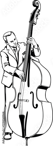 Outline double bassist performing. Jazz musician playing upright bass in monochrome vector style.