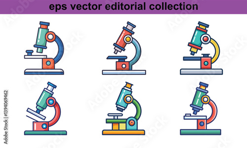 Colorful Microscopes Vector Set Illustration, A vector collection of six colorful microscopes, ideal for scientific, research, and educational-themed projects.
