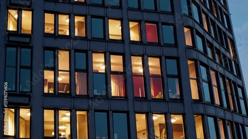 Wallpaper Mural Evening office building exterior with illuminated windows displaying dynamic work environment Torontodigital.ca