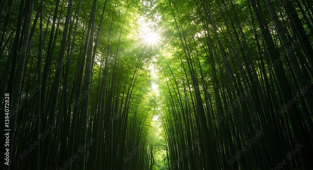 Fototapeta premium Lush Bamboo Forest with Sunlight Shining Through Creating a Peaceful Landscape