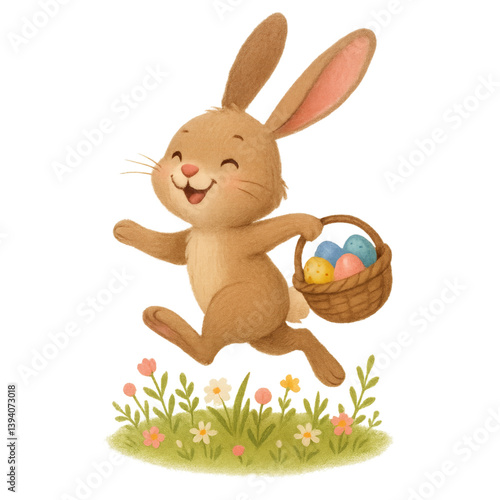 Tableau sur toile Joyful Easter Bunny Hopping Across Flower Field with Basket of Eggs