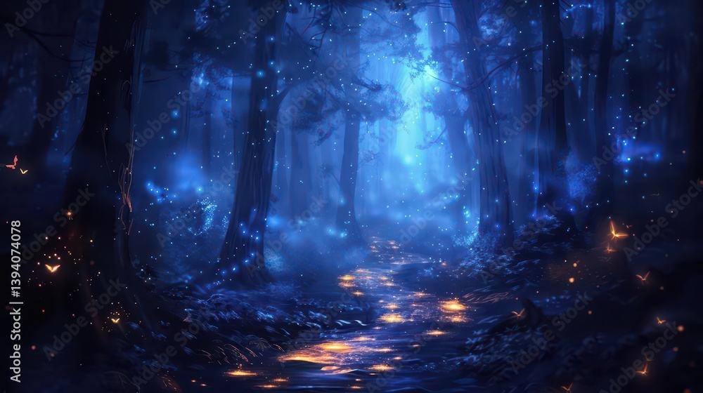 Obraz premium A mystical forest illuminated by glowing lights and a serene pathway through the trees.