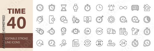 Time icon set. Containing timer, alarm, clock, schedule, hourglass, wristwatch, stopwatch, date, calendar, time management and more. Editable line icons. Vector illustration.