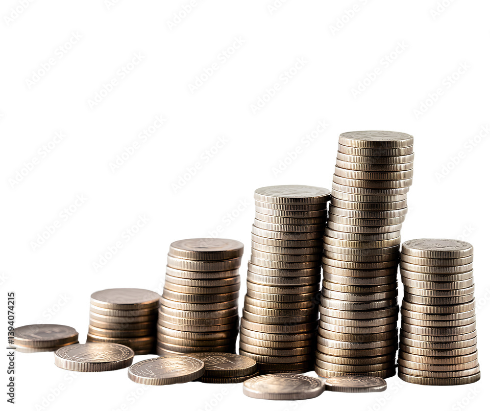 Stacks of coins and a graph going down, isolated on a transparent background Stacks of coins and a graph going down, isolated on a transparent background