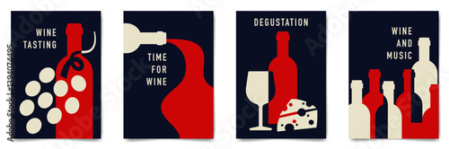 Set of minimalist wine tasting poster design. Flat vector illustration. Bottles of wine, glasses, grapes and cheese.