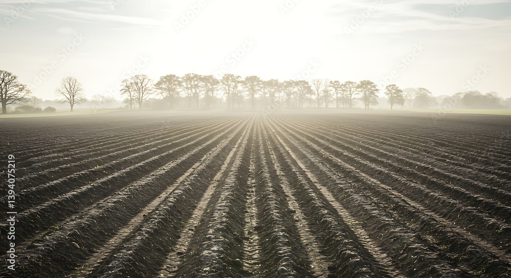 Obraz premium Plowed Field at Sunrise with Trees and Fog, Nature Landscape Scene
