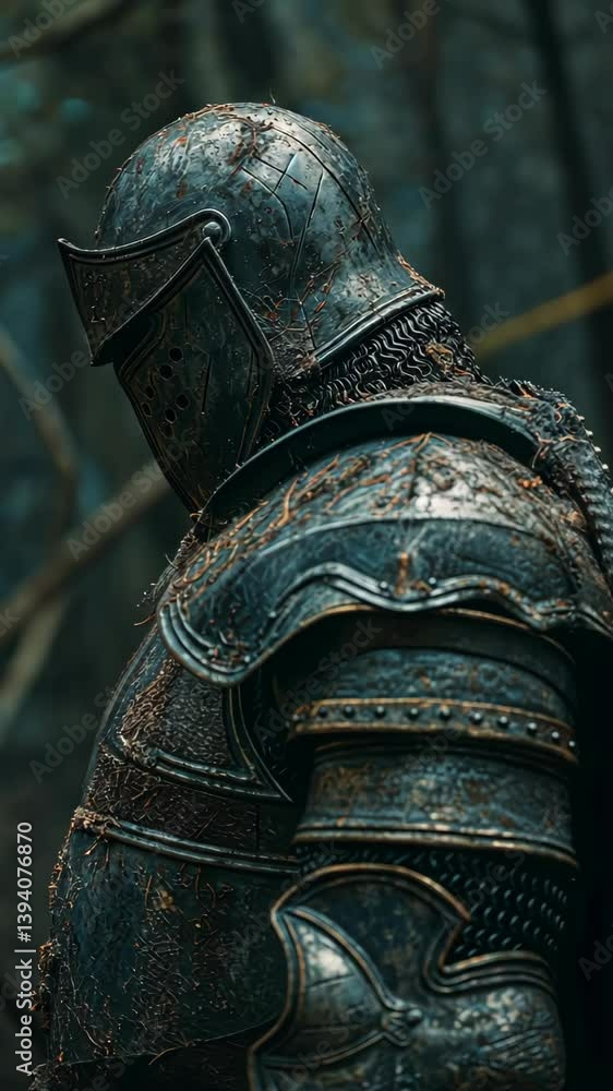 Medieval knight in rusted armor standing in a verdant forest ...