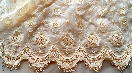 A delicate lace fabric featuring intricate floral patterns and scalloped edges.